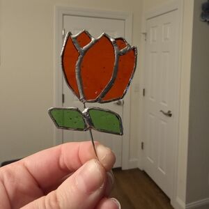 Handmade Stained Glass Orange Tulip Pin with Green Leaves